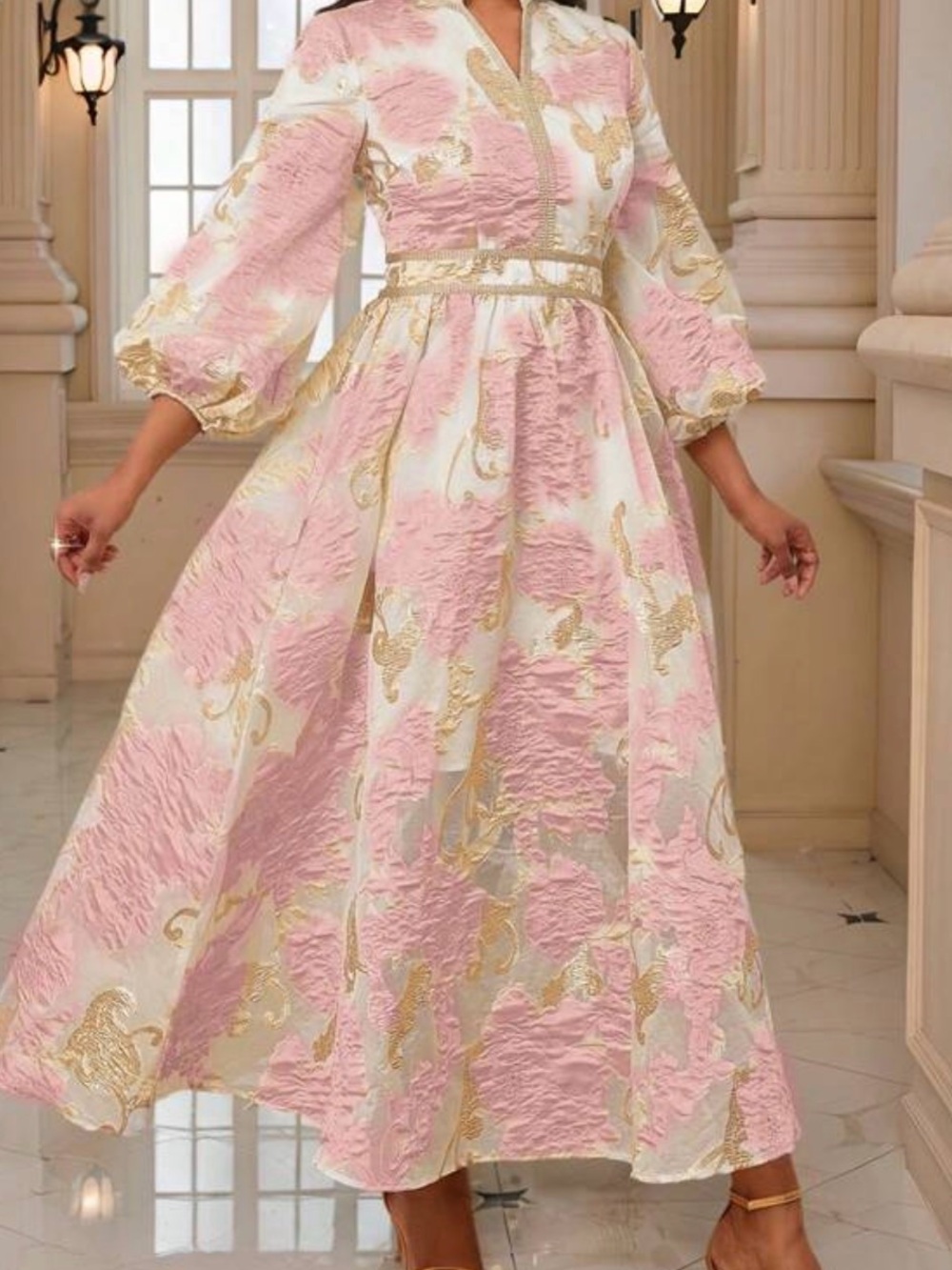 Pink & Gold Floral Embroidered Organza Party Dress